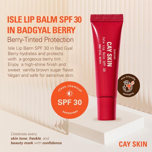 Cay Skin Isle Lip Balm Bad Gyal Berry SPF 30, Hydrating and Protective Daily Lip Gloss, Vanilla Brown Sugar Flavor, Suncare, UV Protection - 0.35oz