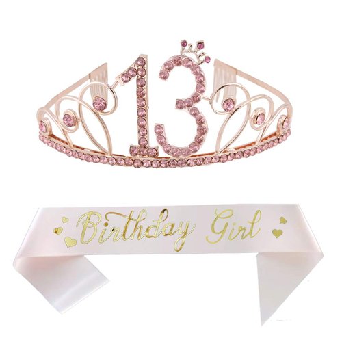 13th Birthday Pink Tiara and Pink Sash Happy 13th Birthday Party Supplies Birthday Girl Glitter Satin Sash and Crystal Tiara Princess Birthday Crown for Girls 13th Birthday Party Decorations Favors