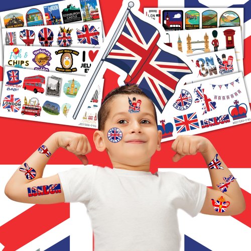 Generic British Temporary Tattoos Birthday Party Supplies Favors Decorations Super Cute 96PCS Fake Tattoos Stickers for Boys Girls School Classroom Rewards Gifts Ideal Halloween