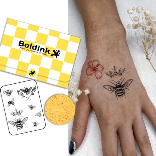 Boldink Semi-permanent tattoos, realistic fake tattoos, last 7-15 days, waterproof non-reflective temporary tattoo stickers, cruelty-free, uniquely designed exquisite packaging（Bees）
