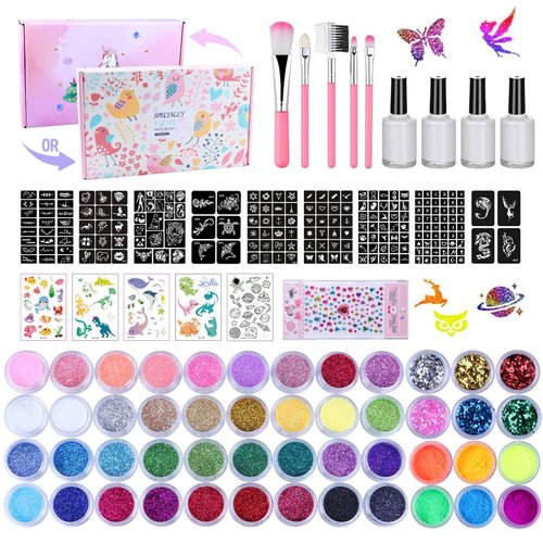 Temporary Glitter Tattoo Kids 48 Colors, 209 Unique Stencils, 4 Glue, 5 Brushes, Body Nail Arts Glitter Makeup Kit, Gifts for Girls Boys Adults Birthday Party Christmas Festival