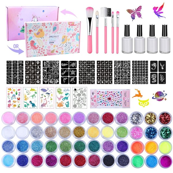 Temporary Glitter Tattoo Kids 48 Colors, 209 Unique Stencils, 4 Glue, 5 Brushes, Body Nail Arts Glitter Makeup Kit, Gifts for Girls Boys Adults Birthday Party Christmas Festival