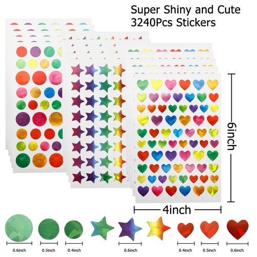 5130Pcs Small Stickers for Kids, 90 Sheets Holographic Glitter Colorful Foil Star Stickers for Kids Reward, Behavior Chart, Teacher Supplies School, DIY Decorations (Star+Heart+Circle)