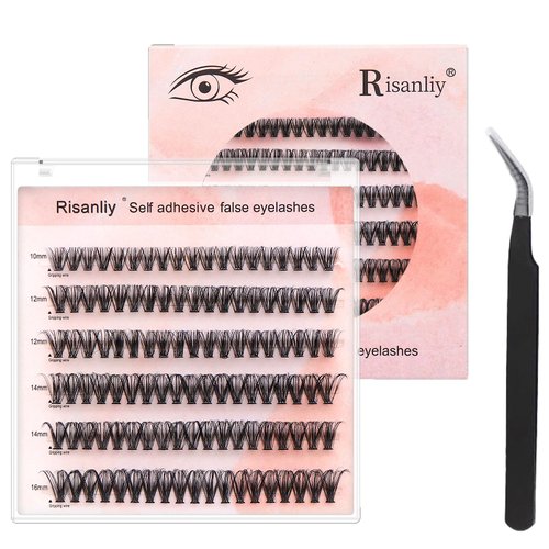 Risanliy Self Adhesive Eyelashes No Glue Lash Clusters Dense, 10-16mm Lash Extension Self Sticking Eyelash Clusters 114pcs Reusable Self Adhesive Lashes Easy Paste (114Pcs - 40D)