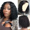 Glueless Bob Wigs Human Hair Pre Plucked Pre Cut Deep Wave Short Curly Human Hair Wigs Wear and Go Glueless Wigs 180% Density Lace Front Wigs for Black Women 4x4 Lace Closure Human Hair Wig 10 Inch