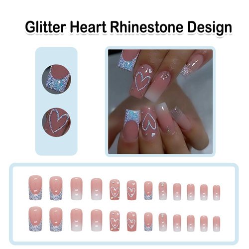 ANDGING Press on Nails Square Nude Pink Short Medium Fake Nails with Glitter Heart Rhinestone Design Coffin Glue on Nails Acrylic Gel Stick on Nails for Women False Nails for Wedding Birthday 24PCs