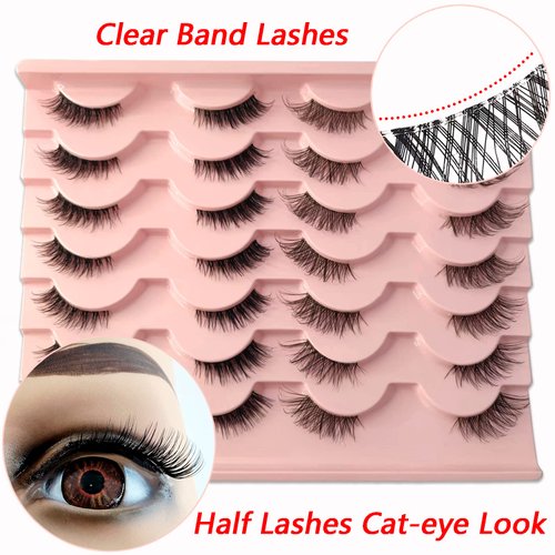14 Pairs Half Lashes Natural Look with Clear Band Cat-Eye Lashes Wispy Fluffy Accent False Eyelashes, 2 Styles Mixed 3/4 Corner Lashes Reusable Soft DIY Cluster Lashes Pack by Heracks(38+62)