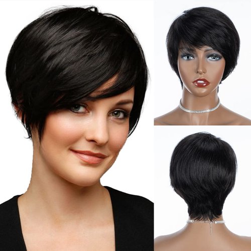 QUEEN VIRGIN REMY QVR Pixie Cut Wig Human Hair Wigs with Bangs Short Wigs for Black Women Human Hair Different Style Pixie Wig for Daily Wear Natural Black Color