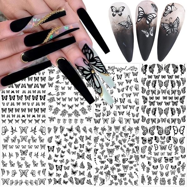 Butterfly Nail Art Stickers Decal Nail Art Supplies Butterflies Nail Art Adhesive Decals Black Retro Butterfly Design 3D Nail Foil Butterfly Designer Nail Sticker for Acrylic Nails Decoration 8 Sheets