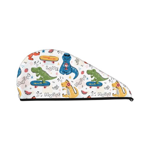 Music Lover Dinosaur Microfiber Hair Towel Wrap,Super Absorbent Twist Turban for Women,Hair Caps with Buttons for Fast Drying Curly,Long & Thick Hair,Coral Velvet Dry Hair Cap