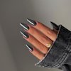 Smoky Grey Chrome Press on Nails Medium Almond,KQueenest Mirror Metal Stiletto Fake Acrylic Nails with Bling Design,Black Glue on Nails for Daily Party Wear,False Nails Press ons in 24 PCS