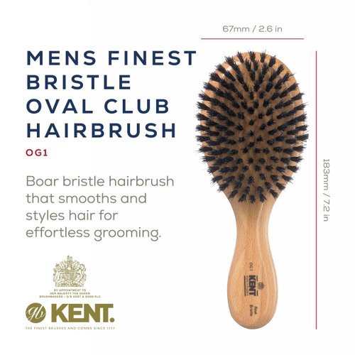 Kent OG1 Mens Hair Brush and Beard Brush, Boar Bristle Hair Brush, Club Hair Brush for Grooming, Scalp Care, and Kent Brush for Beard Straightening