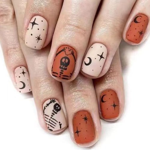 Halloween Nails Skeleton Press on Nails Short Length Fake Nails Square Shaped False Nails with Star Moon Halloween Designs for Glossy Acrylic Nail Full Cover Art Kit for Women 24 Pcs