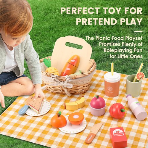 Pithfor Picnic Playset, Wooden Play Food Set for Kids Kitchen, Cutting Pretend Play Kitchen Food Toy for Toddlers Girls Boys 1 2 3 4 5 Years Old