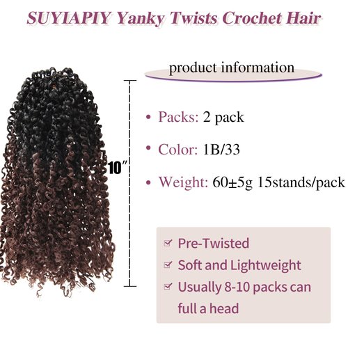 SUYIAPIY Yanky Twist Crochet Hair Bohemian Spring Twists Hair Senegalese Twist Crochet Hair with Curls Synthetic Marlybob Crochet Braids Hair Extensions for Black Women (1B/33#, 10 inch)