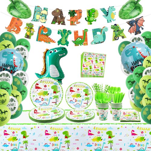 Dinosaur Party Supplies, Dinosaur Party Decorations, Including Happy Birthday Banner, Balloons, Tablecloth, Plate, Cups, Palm Leaves Balloons for Kids Party, Boys, Girls, Serves 20