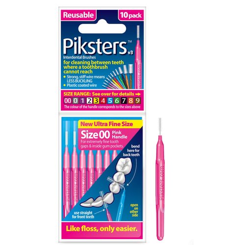 Piksters Interdental Brushes, Size 00, Pink Handle, 10 Pack