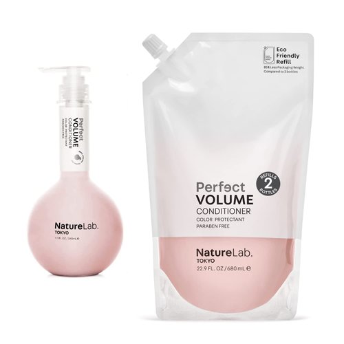 NATURELAB.TOKYO Perfect Volume Conditioner + Eco-Friendly Refill Pouch Bundle | Lightweight Hair Conditioner, Build & Lift Flat, Fine, or Limp Hair | 11.5 oz & Refill 22.9 oz | $38 VALUE