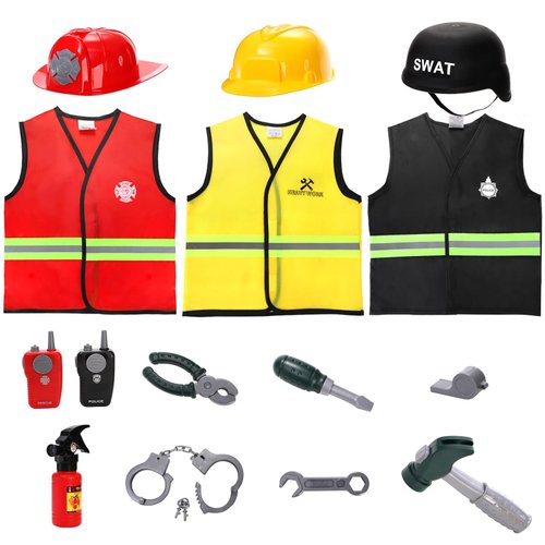 Lawei 3 Sets Kids Role Play Clothes for Kids Age 3-7 Years Old, Dress up Costumes Vest Set Police, Fireman and Construction Worker for Toddler Kids Girls Boys Gift, Pretend Role Play Kit Accessories