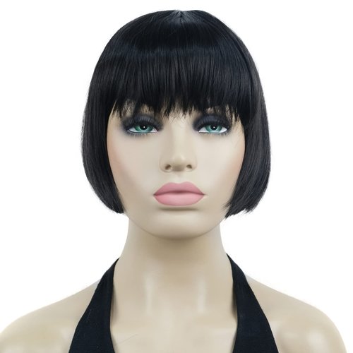 Lydell 6" Straight Short Bob Hair Flat Bangs Cute Central Dot Skin Top Heat Resistant Synthetic Wigs (Natural Black)