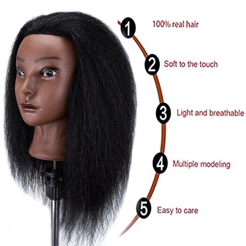 Mannequin Head with 100% Human Hair Mannequin Head Curly Cosmetology Afro Mannequins Heads with Stand for Practice Braiding Styling Training Head Hair Styling With Gift