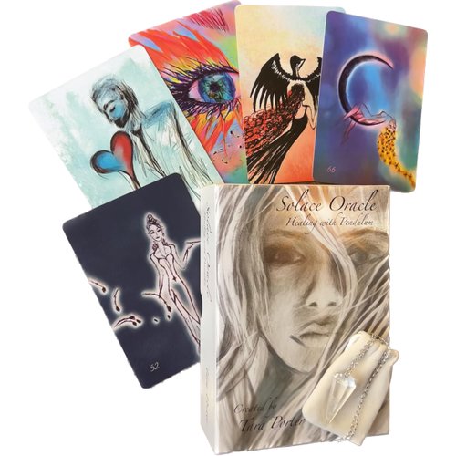 Solace Oracle (77 Card Set with Clear Quartz Pendulum & Guidebook) Unique Tarot Deck, Pendulum Lets Your Angels and Spirit Guides Pick Your Cards
