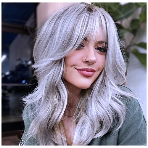 KRSI Grey Layered Synthetic Wigs for White Women, Wig With Bangs Side Part Layered Mixed Silver Grey Wavy Natural Hair Wig for Women Daily Party Gray Wigs(Silver Gray)