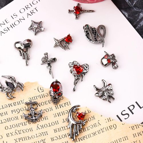 Halloween Nail Charms 22PCS 3D Alloy Spider Skull Halloween Nail Art Charms Vintage Gothic Retro Nail Art Supplies Dark Black Cross Moon Heart Nail Gems and Rhinestones Nail Accessories for Women