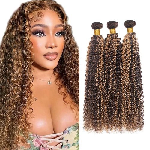 Ombre Curly Bundles Highlight Human Hair Bundles Brazilian Virgin Blonde Curly Human Hair 3 Bundles 10 12 14 Inch Color 4/27 Human Hair Bundle Brown Kinky Curly Bundle Human Hair Extensions