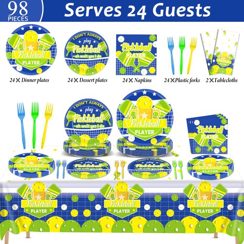 24 Guests Pickleball Party Decorations Supplies Pickleball Party Tableware Set Pickleball Player Themed Tablecloths Party Disposable Plates and Napkin for Baby Shower Brithday Party Decorations