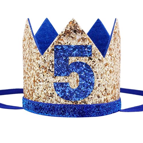 Socub Birthday Hat, birthday party hat, Birthday Crown Headbands for Baby Boy 5th Birthday Party Supplies, Golden Blue 5