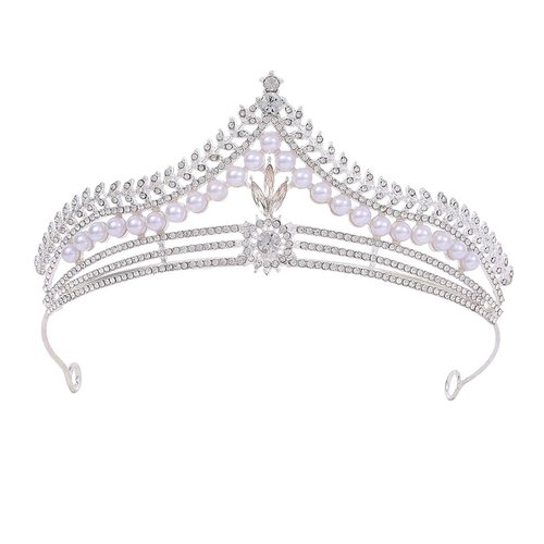 Woeoe Pearl Bride Wedding Crowns Silver Queen Tiara and Crown Rhinestone Bridal Women Crown Headband Princess Tiaras for Birthday Party Bridesmaids