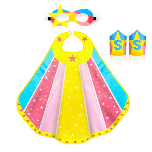 iROLEWIN Star Superhero-Costumes-Cape and Mask for Kids Girls Boys Super Hero Party Gifts Toys as Halloween Dress Up with Bracelets (Yellow Blue)