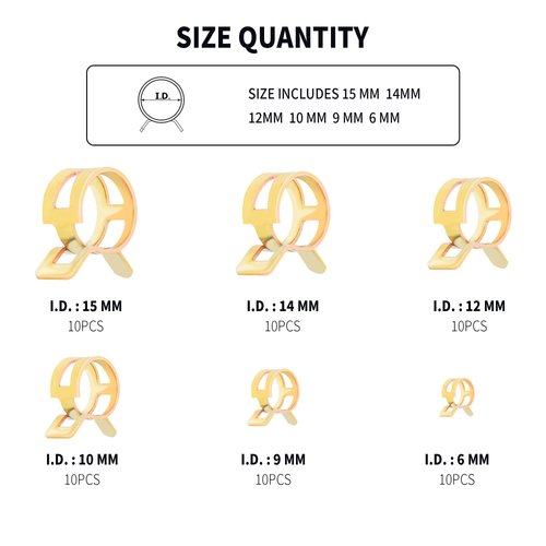 60PCS Spring Hose Clamp Assortment Kit,6 Size Spring Clamps for Fastening Vacuum Line,Silicone Tubing,Hose Pipe & Fuel Line Clamp,Universal Small Hose Clamps For Car Truck SUV