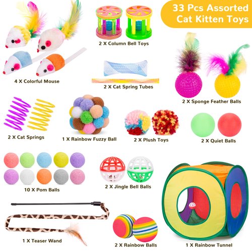 Retro Shaw Cat Toys Set 33 PCS, Interactive Cat Kitten Toys for Indoor Cats Kitty with Collapsible Cat Play Tunnel Tube Tent Cat Feather Wand Teaser Cat Bell Fuzzy Ball Springs Mouse Toys