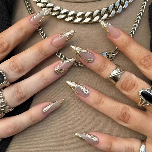MISUD Press on Nails Medium Almond Fake Nails Glossy Glue on Nails 3D Gold Chrome Acrylic Nails Stiletto Artificial Nails French Tip Stick on False Nails with Design 24 pcs