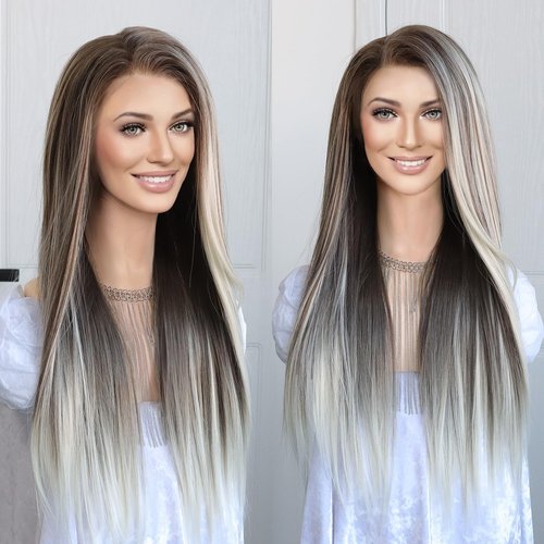 K'ryssma 13x6 Wig Highlight Ombre Brown and Platinum Blonde Synthetic Lace Front Wigs for Women with 6 Inch Deep Part Glueless Long Straight 13x6 Lace Front Wig Pre Plucked 24 Inches