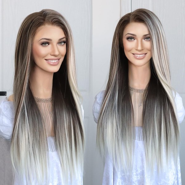 K'ryssma 13x6 Wig Highlight Ombre Brown and Platinum Blonde Synthetic Lace Front Wigs for Women with 6 Inch Deep Part Glueless Long Straight 13x6 Lace Front Wig Pre Plucked 24 Inches