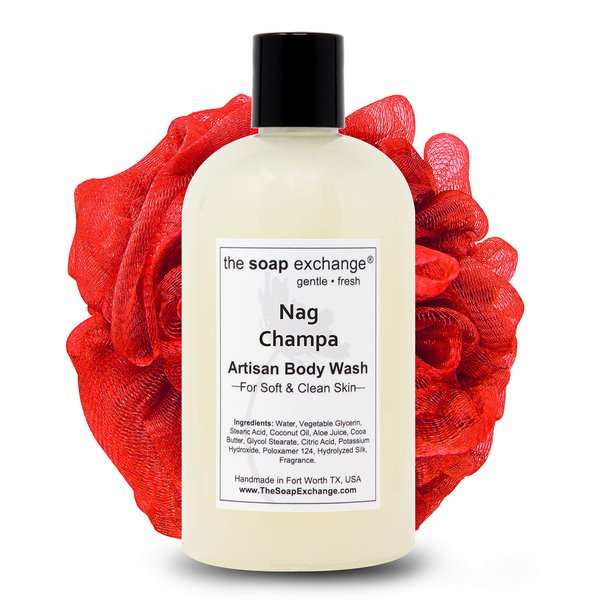 The Soap Exchange Body Wash - Nag Champa Scent - Hand Crafted 12 fl oz / 354 ml Natural Artisan Liquid Soap for Hand, Face & Body, Shower Gel, Cleanse, Moisturize, & Protect. Made in the USA.