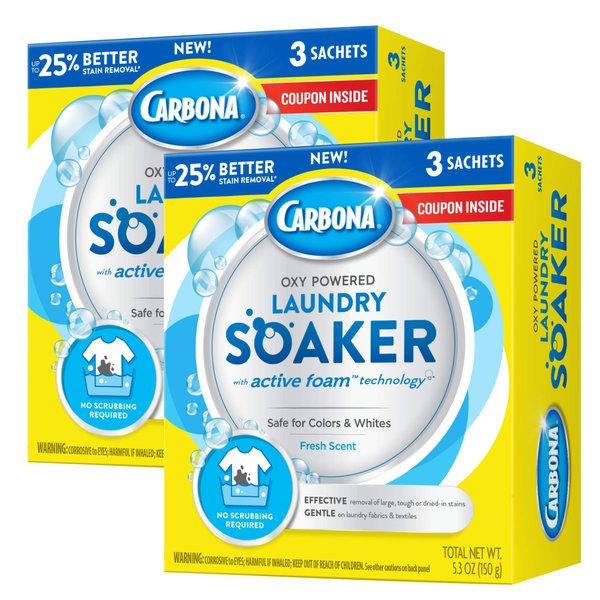 Carbona® Oxy Powered Laundry Soaker with Active Foam Technology | Powerful Stain Remover | Chlorine Bleach Free | Safe on Colors & Whites | 5.3 Oz, 2 Pack