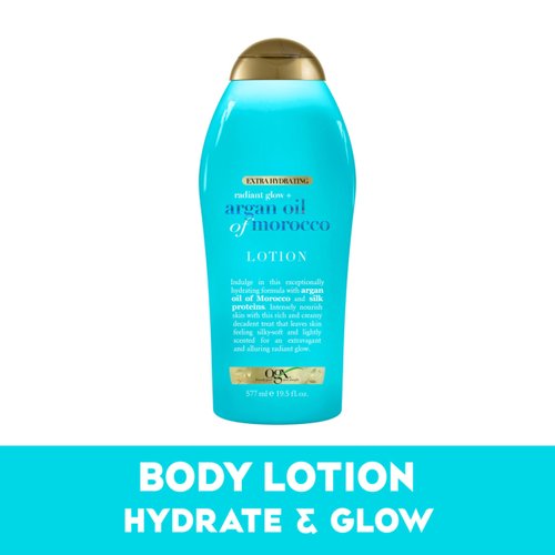 OGX Radiant Glow + Argan Oil of Morocco Extra Hydrating Body Lotion for Dry Skin, Nourishing Creamy Body & Hand Cream for Silky Soft Skin, Paraben-Free, Sulfated-Surfactants Free, 19.5 fl oz