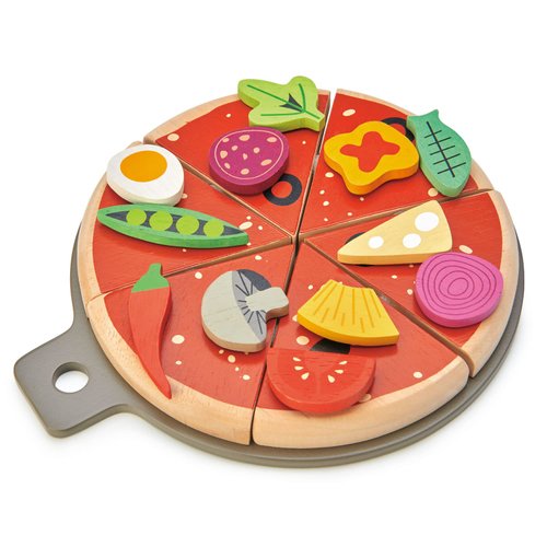 Tender Leaf Toys - Pizza Party - 6 Slices of Realistic Pizza Toy Set with 12 Different Toppings, Kraft Card Take-Out Box Included - Pretend Play Food for Kids - 3+
