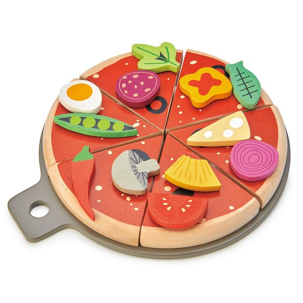 Tender Leaf Toys - Pizza Party - 6 Slices of Realistic Pizza Toy Set with 12 Different Toppings, Kraft Card Take-Out Box Included - Pretend Play Food for Kids - 3+