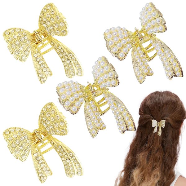 4 Pcs Bow Diamond Pearl Hair Clips for Women Girls, Small Non Slip Strong Hold Hair Jaw Clips for Women Thin and Thick Hair Headwear present