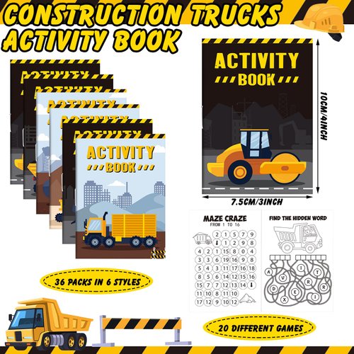 Sinmoe 36 Pieces Mini Activity Books for Kids Party Favors Construction Trucks Activity Books for Kids Including Dump Diggers Cranes Tractors for Kids Home Supplies School Activity for Birthday Gifts