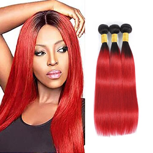 Ombre Bundles Red Straight Human Hair 1B/Red Straight Bundles 24 26 28 inch Ombre Two Tone Black and Fire Red Bundle Human Hair Double Weft Brazilian Human Hair Wet and Wavy Bundles Silky Soft