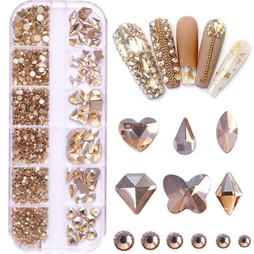 BELICEY Nail Rhinestones Kit 800PCS Multi-Shape Rhinestones for Nail Crystals Decoration Nail Hearts Butterfly Charm Nail Dimond Gems Stone for Nail Art Jewels DIY Crafts Clothing (Gold)