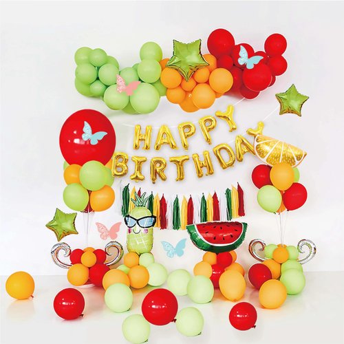 FOURSJOY 51pcs Fruit theme Birthday Decorations, Gold Happy Birthday Balloons Banner with 3pcs fruit shape Balloons & 3pcs Star Balloons & 30pcs Balloons, Balloons Garland Arch Kit for Kids Boys Girls