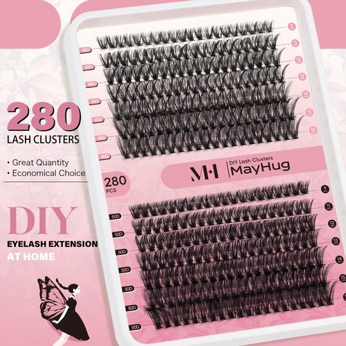 Mayhug Lash Clusters - Fluffy Individual Clusters, 9-16MIX DIY Cluster Eyelash Extensions, D Curl Wispy False Eyelashes, 280PCS Thick eyelashes, 40D+50D Cluster Lashes, 7 Lengths Lashes Clusters
