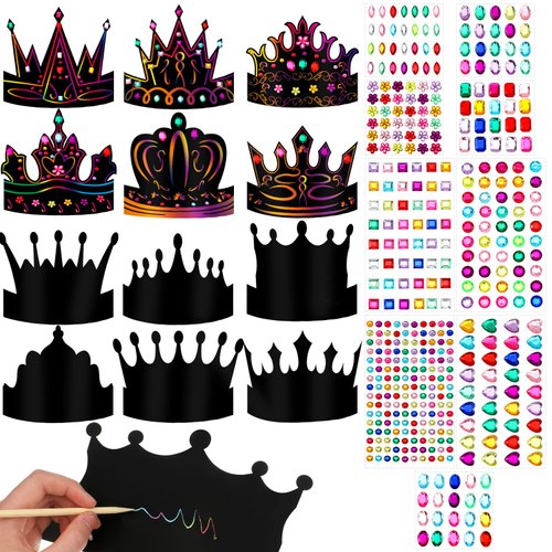 Yinder 130 Pcs Halloween Kids Party Favors DIY Crafts Crowns Set 48 Pcs Scratch Paper Crowns Headband Hats 24 Pcs Wooden Styluses 48 Pcs Elastic Bands 10 Sheet Colorful Gem Jewel Stickers for Girl Boy